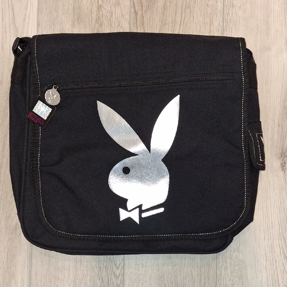 Vintage NWT PLAYBOY Black Canvas Messenger Bag with Silver Logo